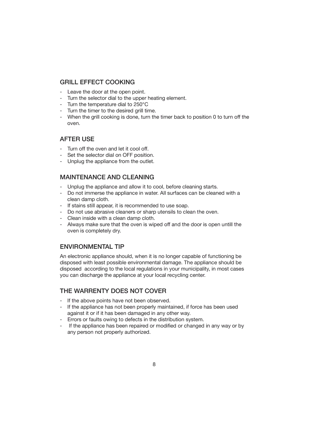 Melissa KW 14 manual Grill Effect Cooking, After USE, Maintenance and Cleaning, Environmental TIP, Warrenty does not Cover 