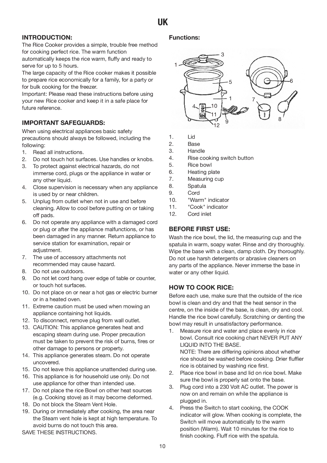 Melissa N/A manual Introduction, Functions, Important Safeguards, Before First USE, HOW to Cook Rice 