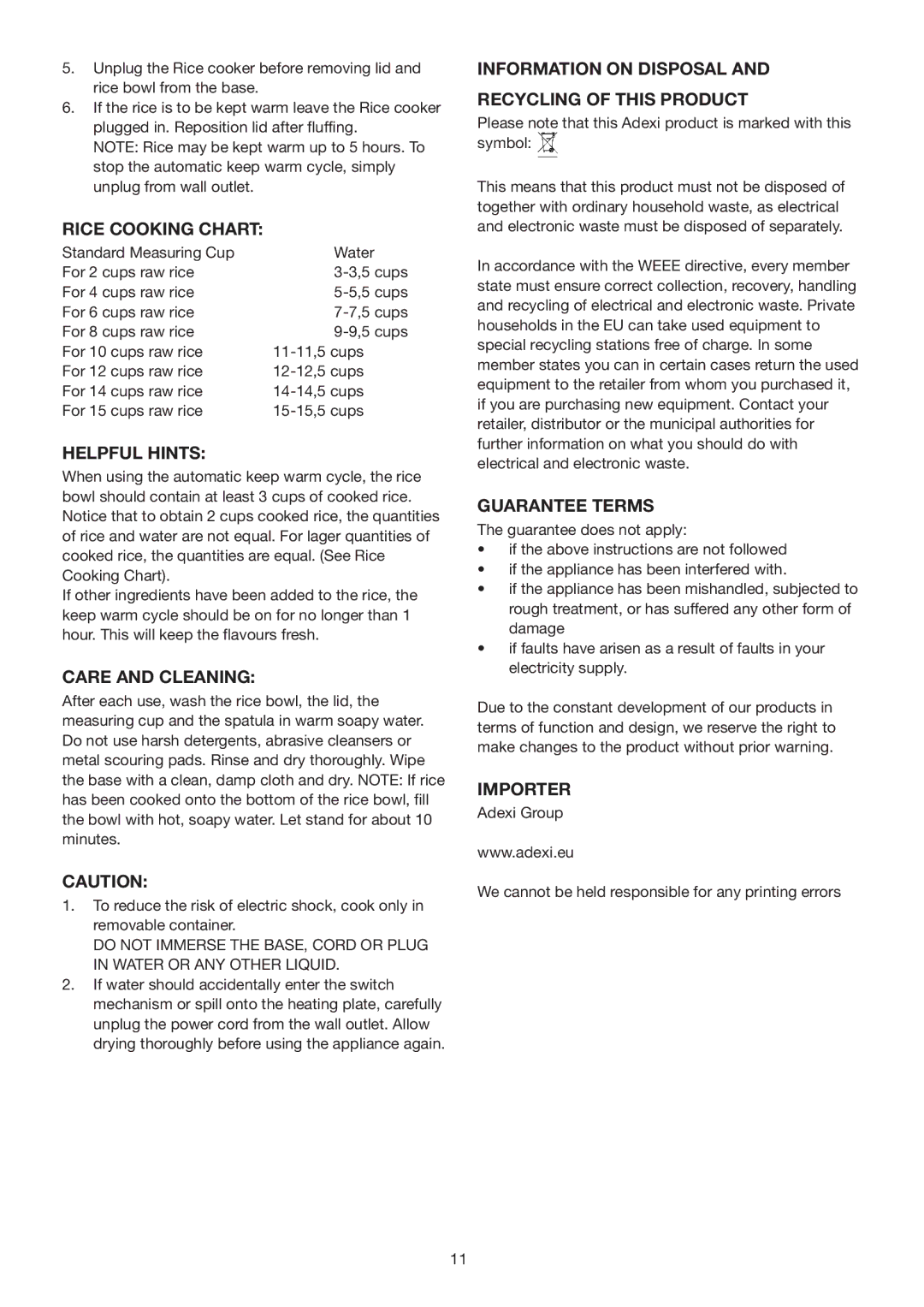 Melissa N/A manual Rice Cooking Chart, Helpful Hints, Care and Cleaning, Information on Disposal Recycling of this Product 