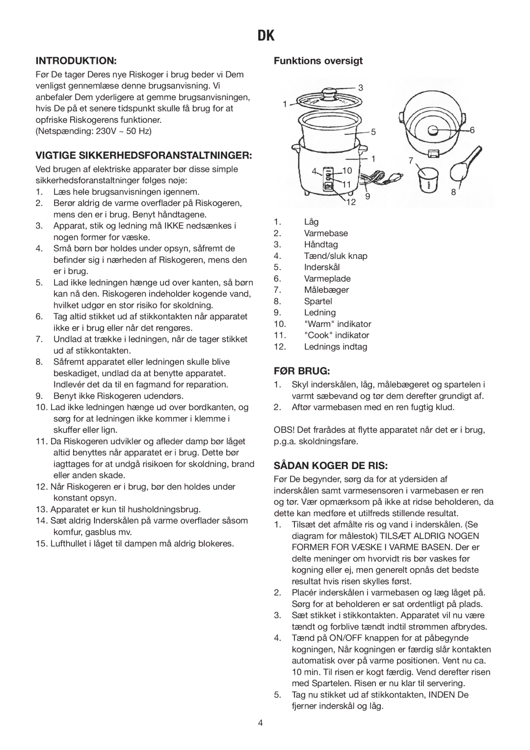 Melissa N/A manual Introduktion, Funktions oversigt, Vigtige Sikkerhedsforanstaltninger, FØR Brug, Sådan Koger DE RIS 