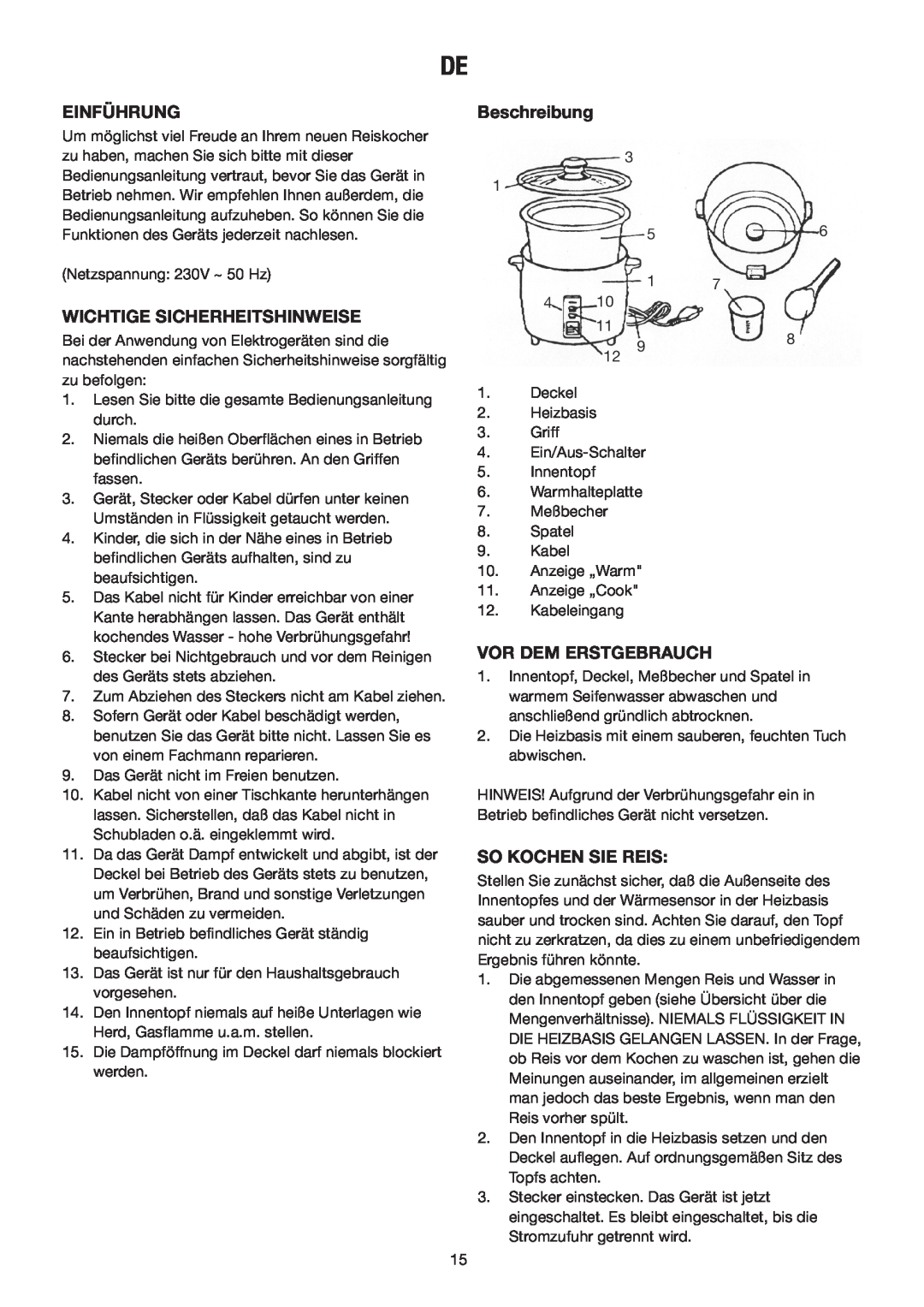 Melissa N/A manual Einführung, Beschreibung, Wichtige Sicherheitshinweise, Vor Dem Erstgebrauch, So Kochen Sie Reis 