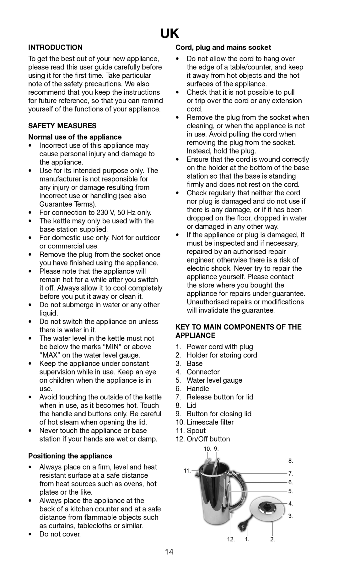 Melissa None manual Introduction, Safety Measures, KEY to Main Components of the Appliance 