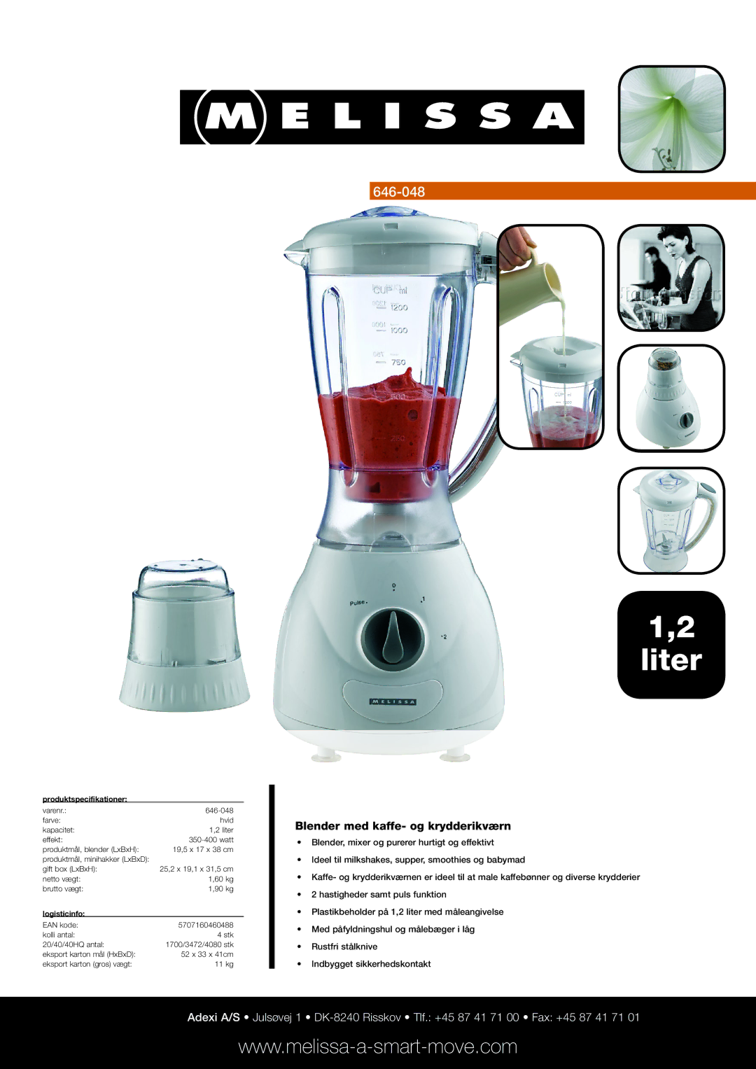 Melissa RU631/00 manual Liter, Blender med kaffe- og krydderikværn, Produktspecifikationer, Logisticinfo 