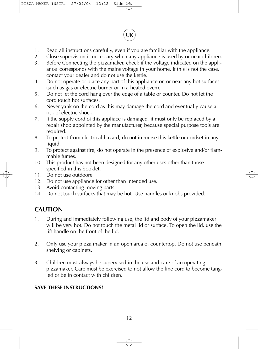 Melissa TS 040S manual Save These Instructions 
