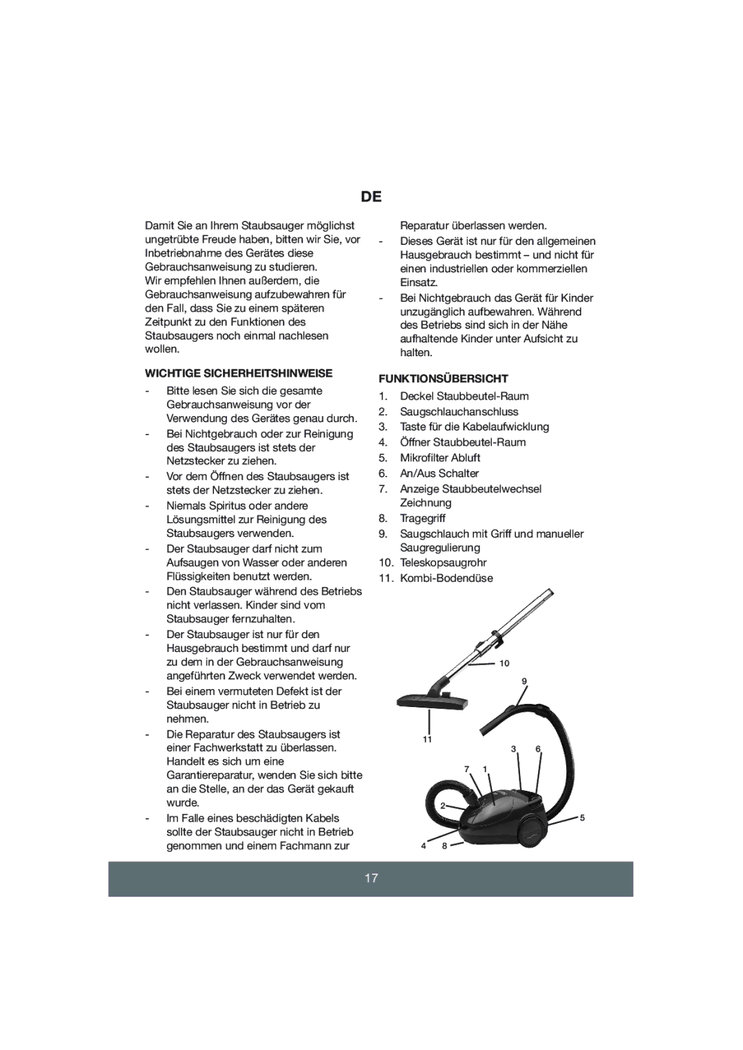 Melissa Vacuum Cleaner manual Wichtige Sicherheitshinweise, Funktionsübersicht 