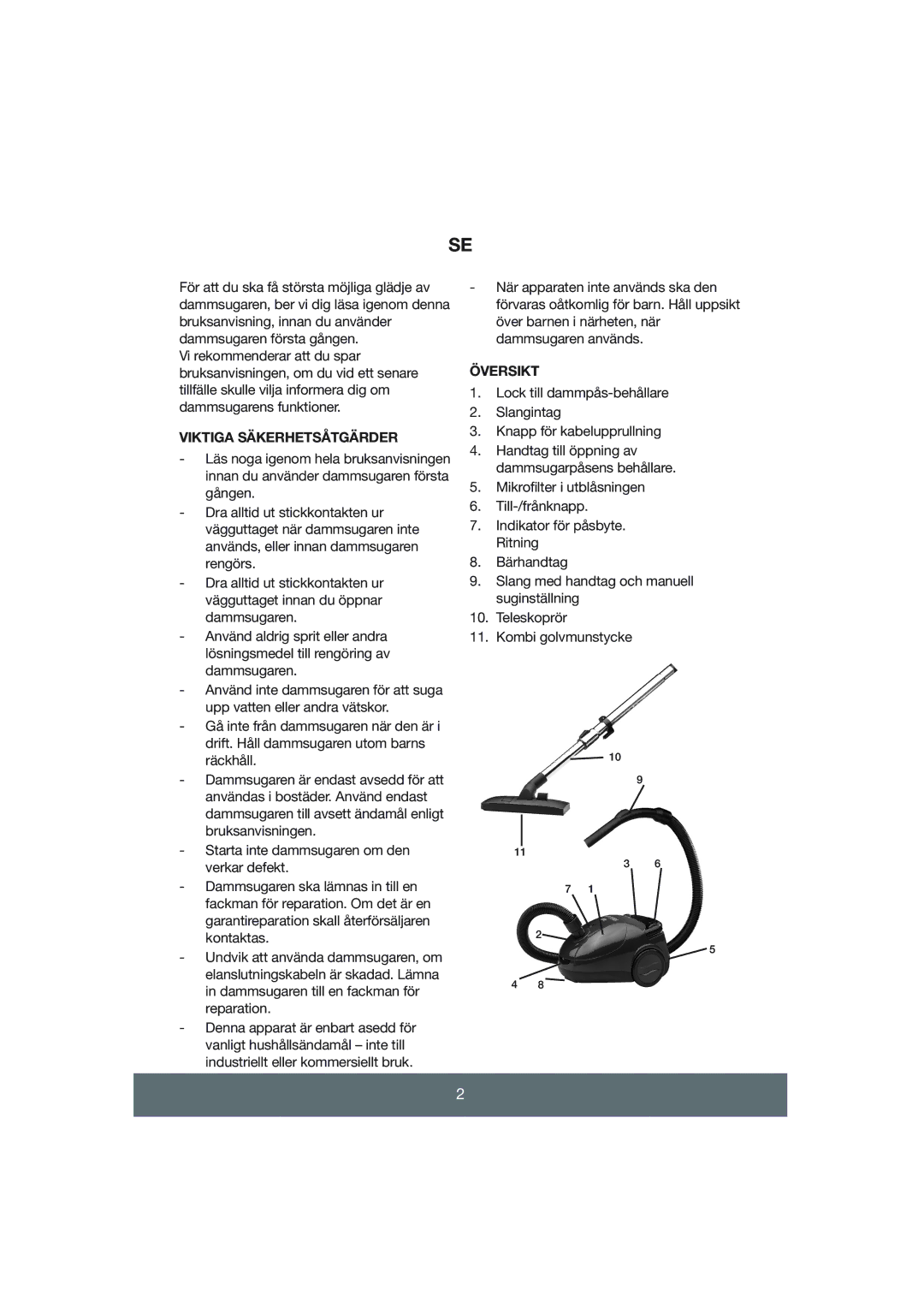 Melissa Vacuum Cleaner manual Viktiga Säkerhetsåtgärder, Översikt 