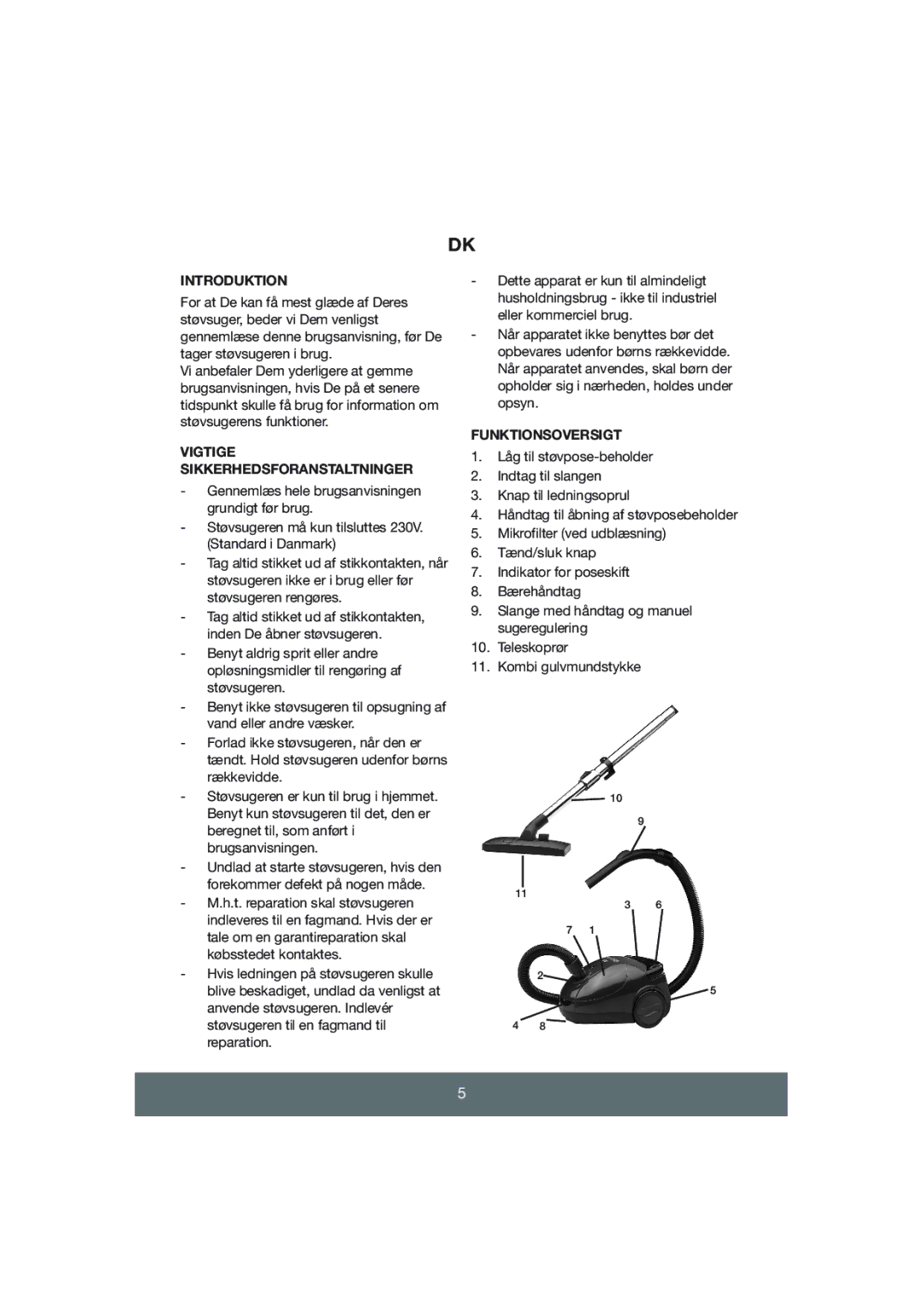 Melissa Vacuum Cleaner manual Introduktion, Vigtige Sikkerhedsforanstaltninger, Funktionsoversigt 