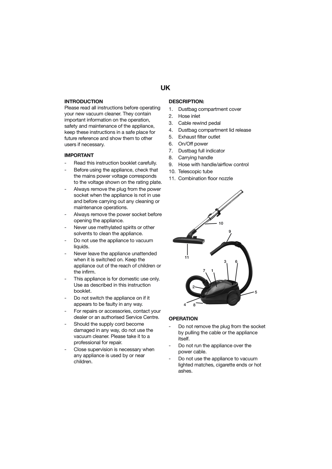 Melissa Vacuum Cleaner manual Introduction, Description, Operation 