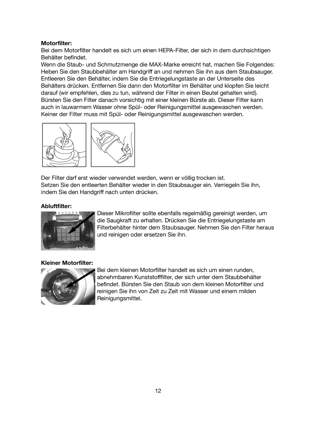 Melissa VC-340 manual Abluftfilter, Kleiner Motorfilter 