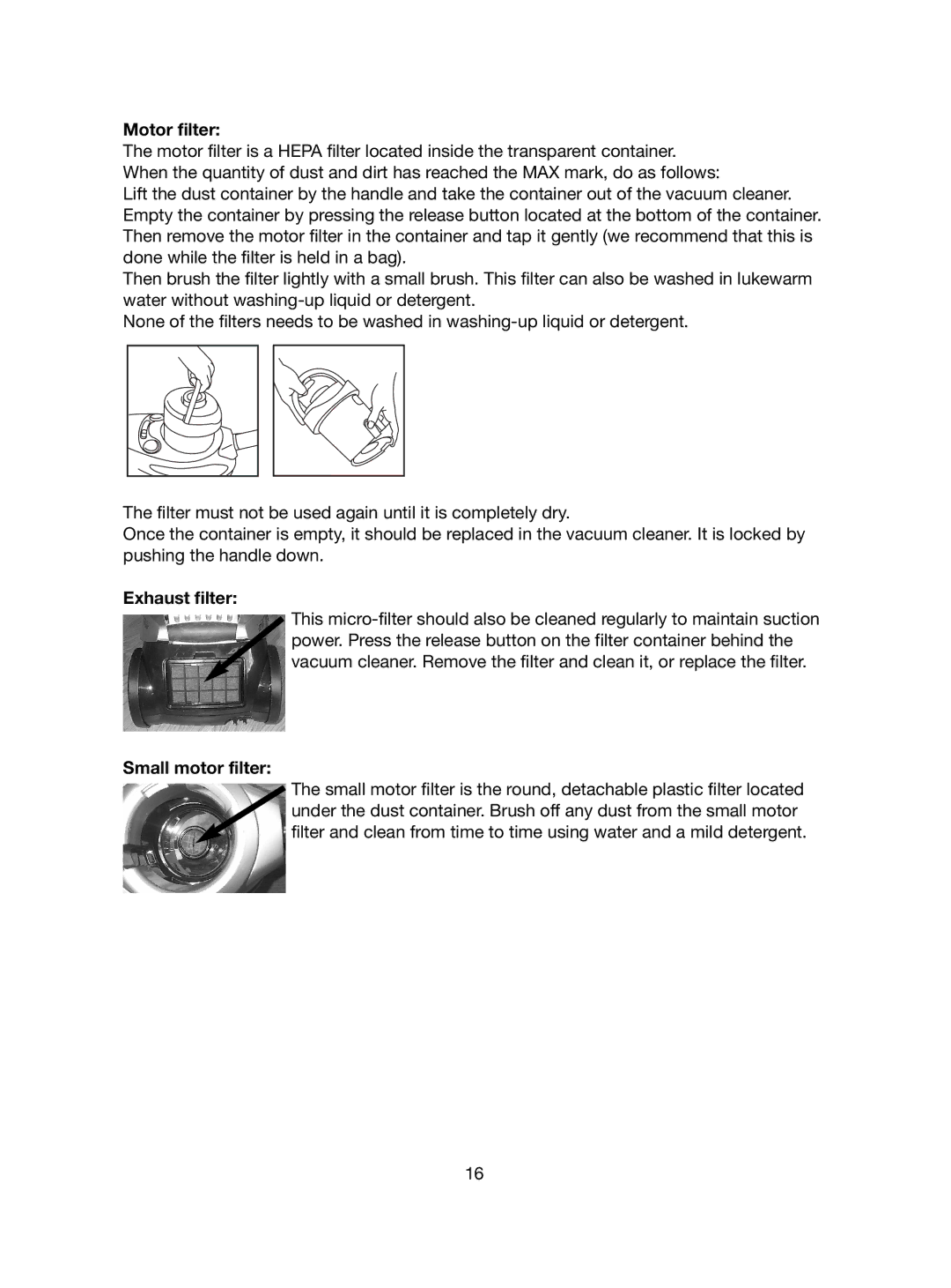 Melissa VC-340 manual Motor filter, Exhaust filter, Small motor filter 