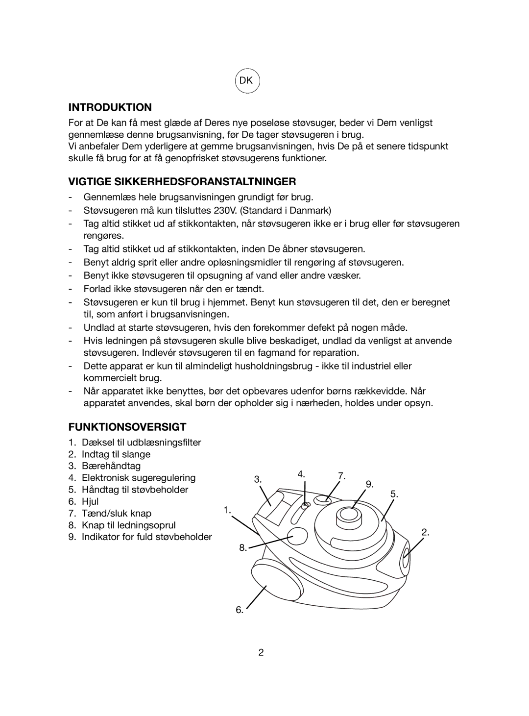 Melissa VC-340 manual Introduktion, Vigtige Sikkerhedsforanstaltninger, Funktionsoversigt 