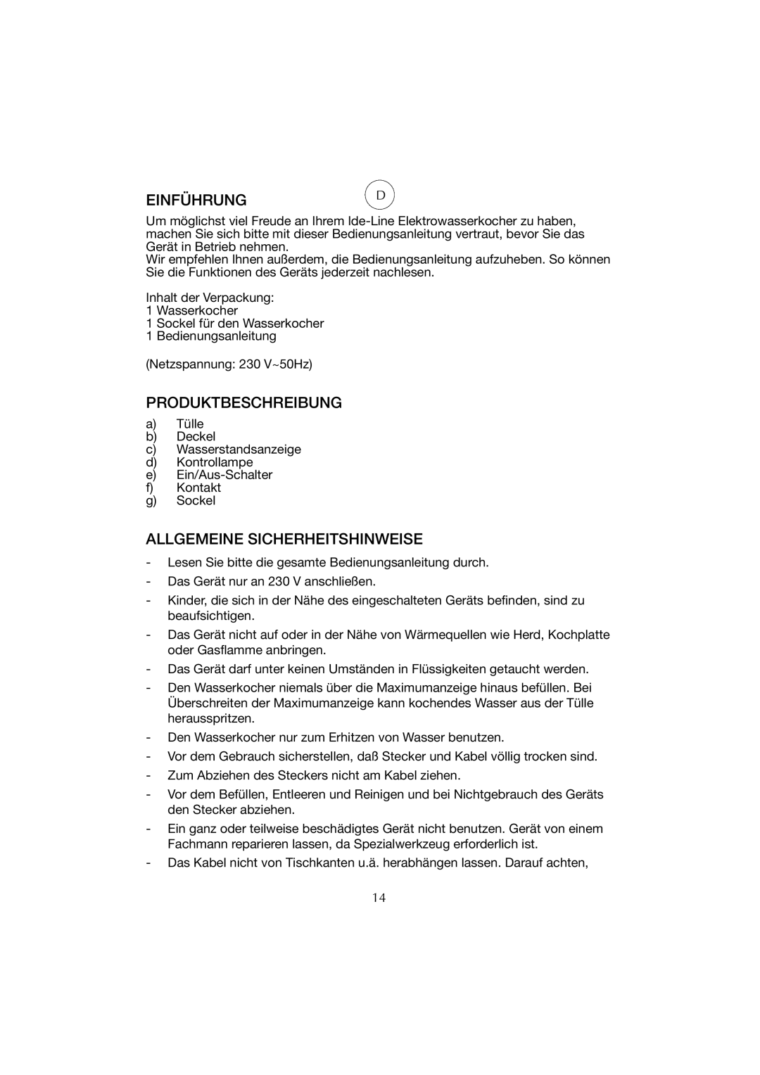 Melissa WK-222 manual Einführungd, Produktbeschreibung, Allgemeine Sicherheitshinweise 