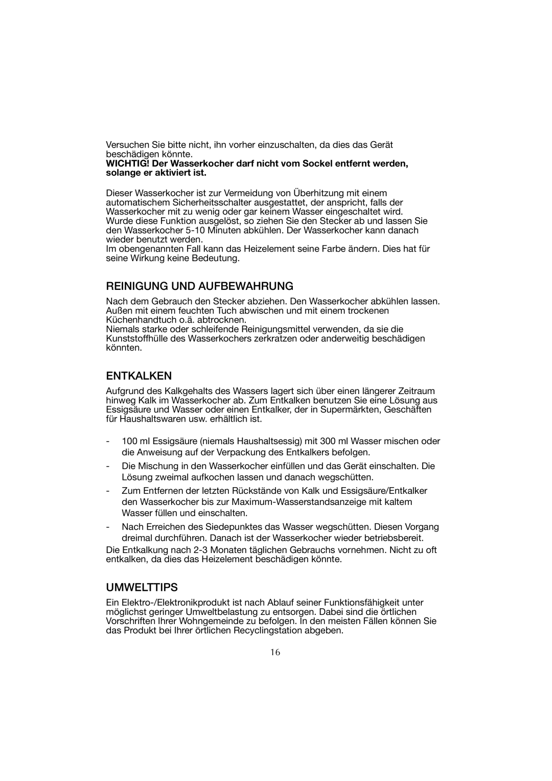 Melissa WK-222 manual Reinigung UND Aufbewahrung, Entkalken, Umwelttips 