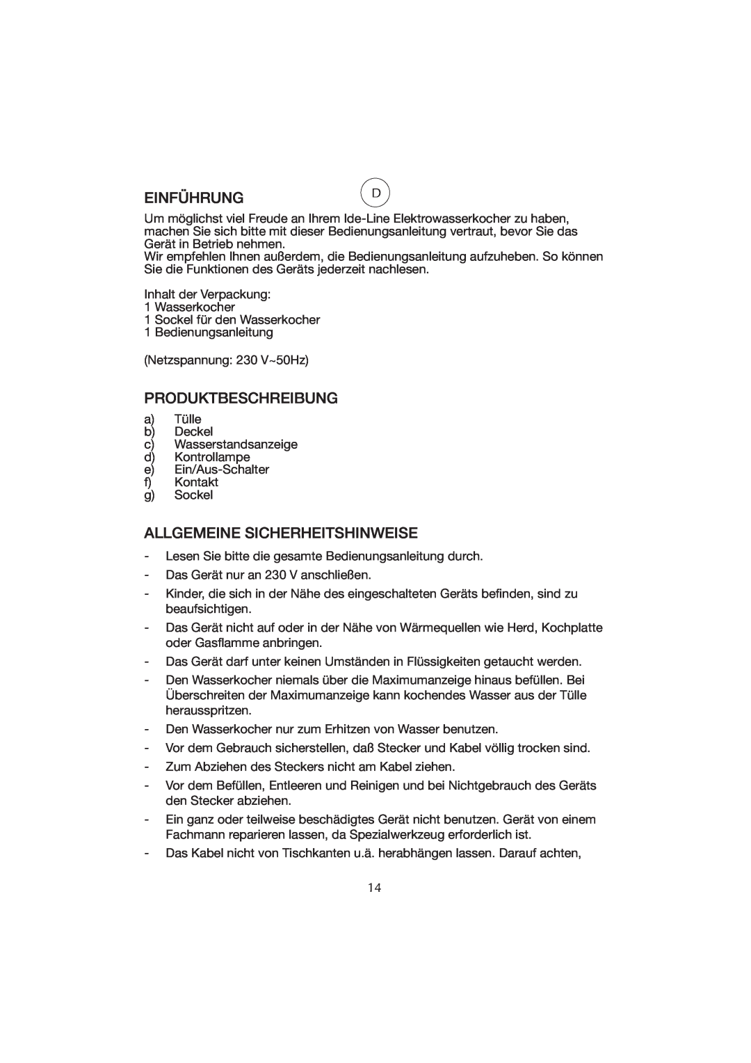 Melissa WK-222 manual Einführungd, Produktbeschreibung, Allgemeine Sicherheitshinweise 