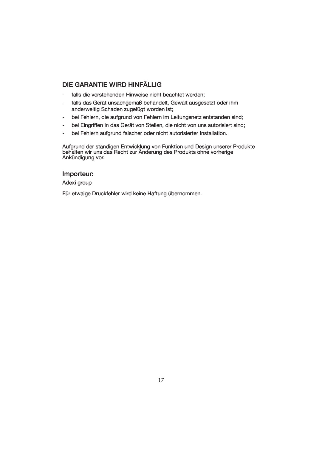 Melissa WK-222 manual Die Garantie Wird Hinfällig, Importeur 