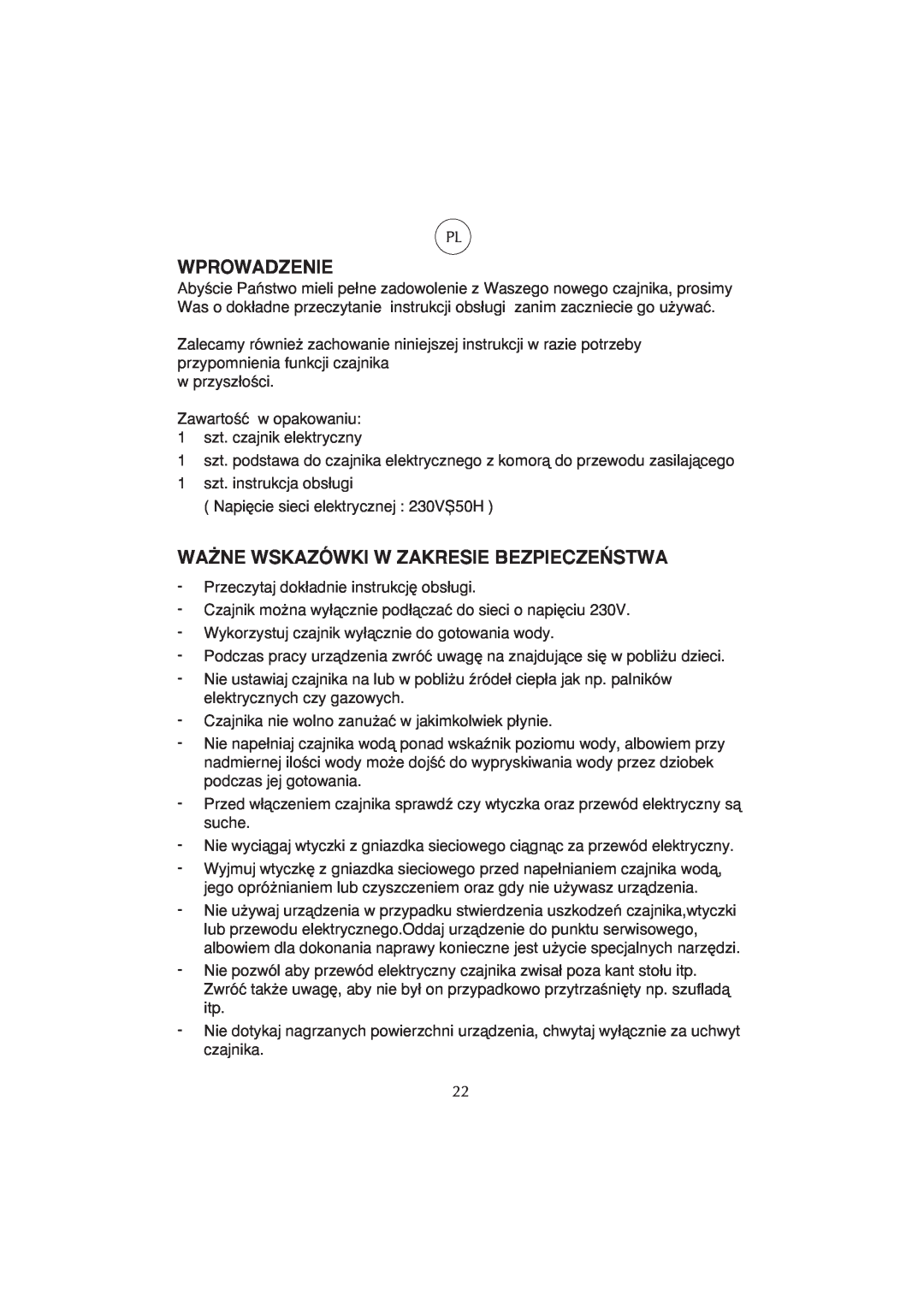 Melissa WK-222 manual Wprowadzenie, Wa˚Ne Wskazówki W Zakresie Bezpiecze¡Stwa 