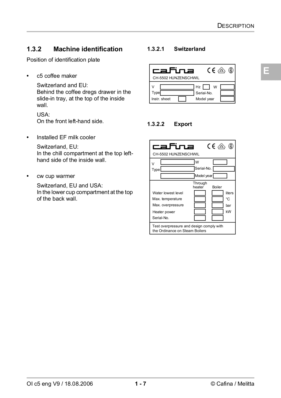 Melitta 2954076 manual Machine identification, Switzerland, Export 