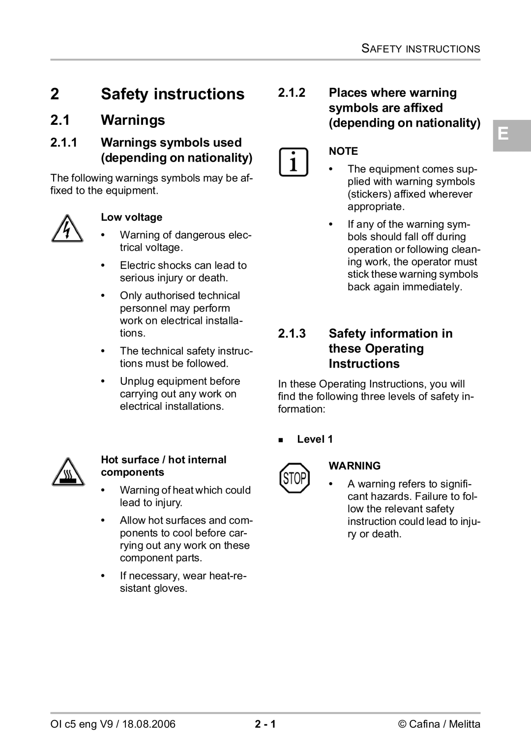 Melitta 2954076 manual Safety instructions, Places where warning, Safety information in these Operating Instructions 