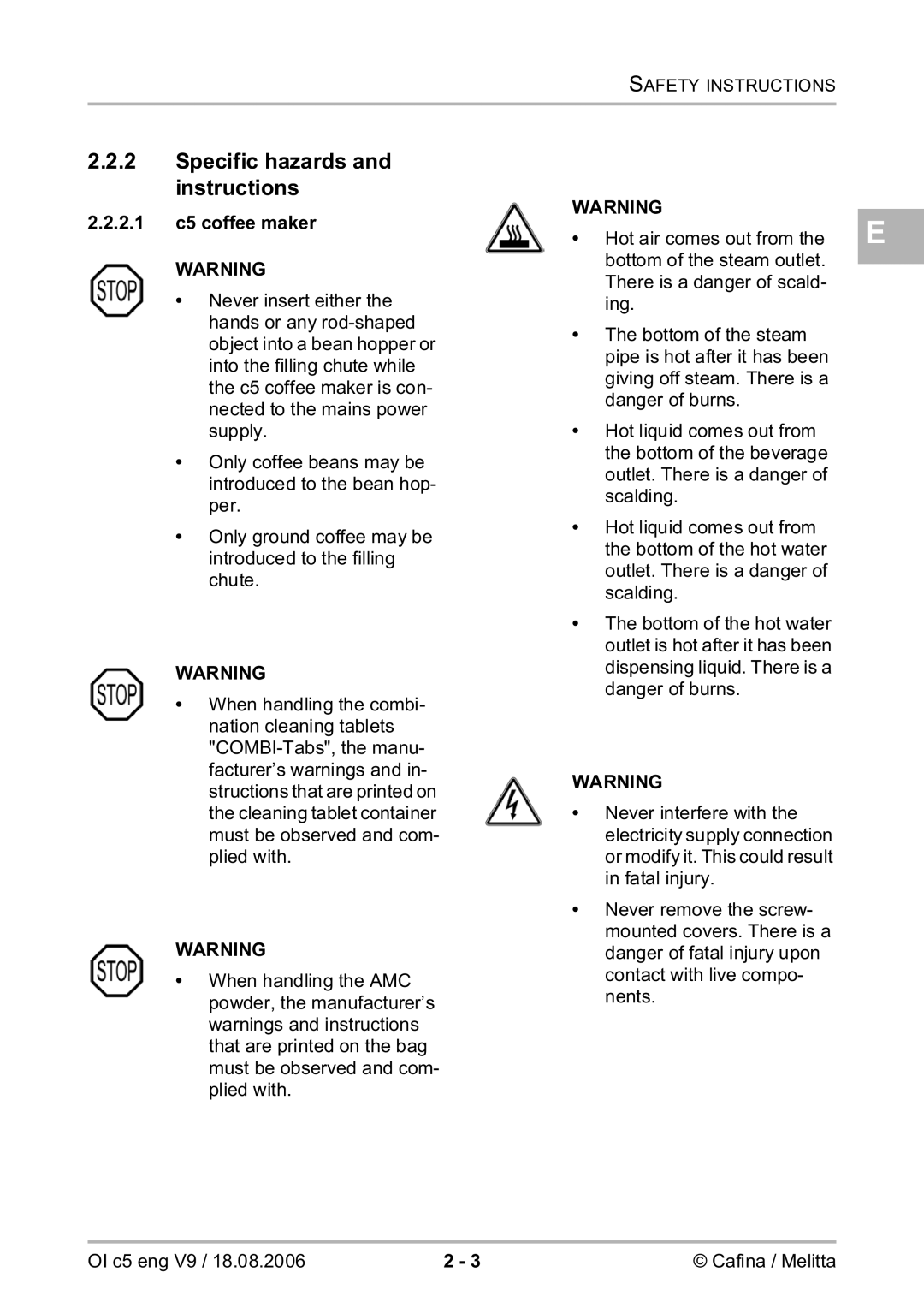 Melitta 2954076 manual Specific hazards and instructions, 2.1 c5 coffee maker 