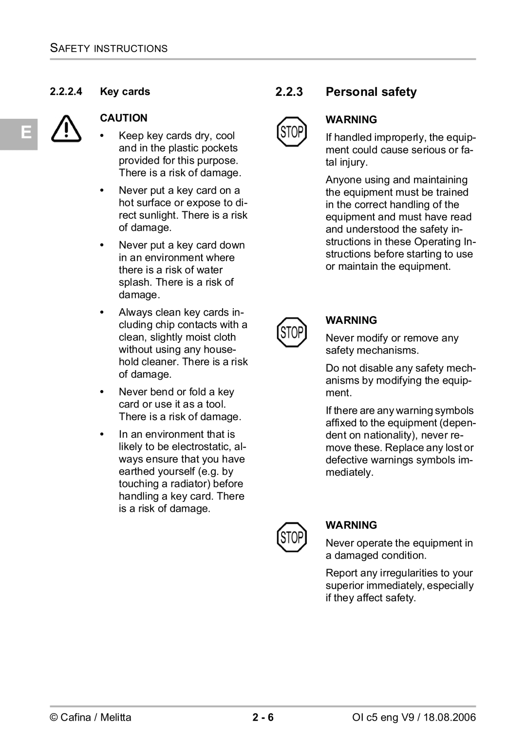 Melitta 2954076 manual Personal safety, Key cards 