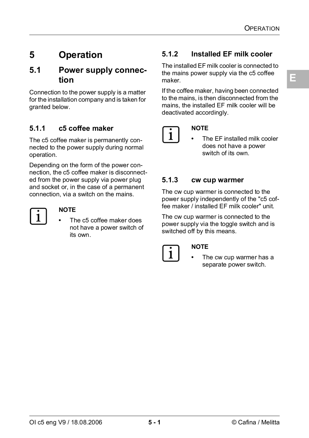 Melitta 2954076 manual Operation, Power supply connec- tion 