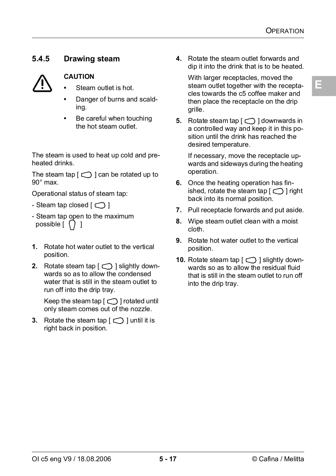 Melitta 2954076 manual Drawing steam 