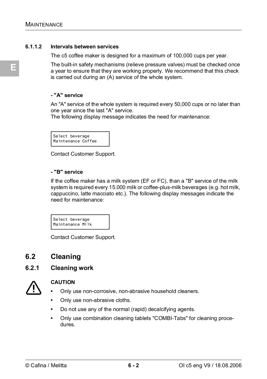 Melitta 2954076 manual Cleaning work, Intervals between services, Service 