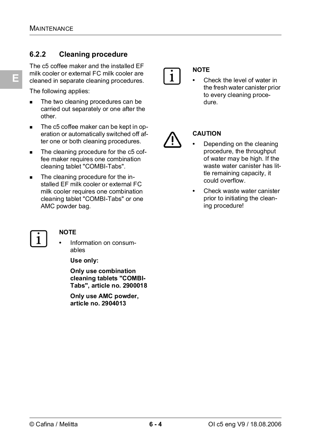 Melitta 2954076 manual Cleaning procedure 