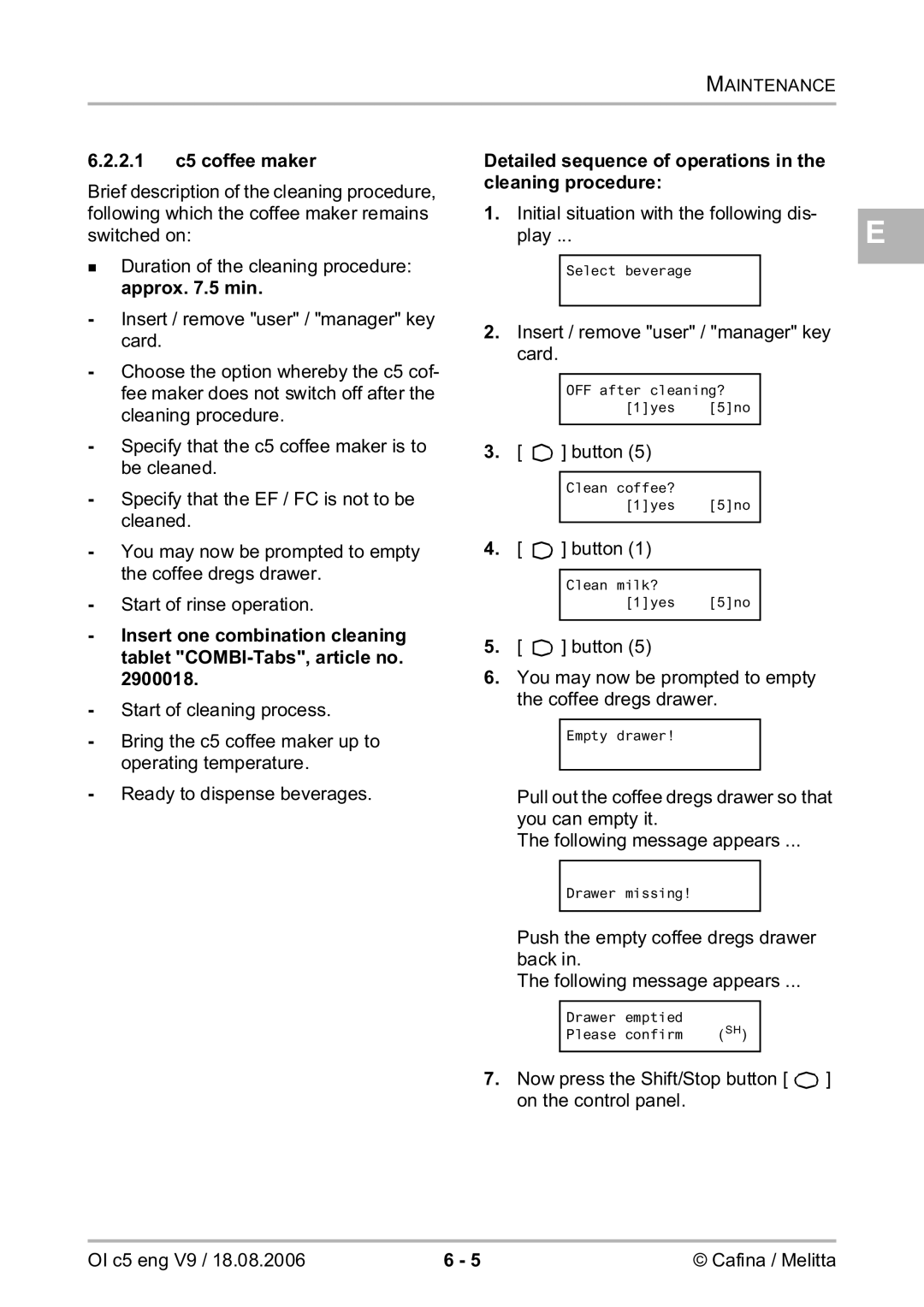 Melitta 2954076 manual 2.1 c5 coffee maker, Detailed sequence of operations in the cleaning procedure 