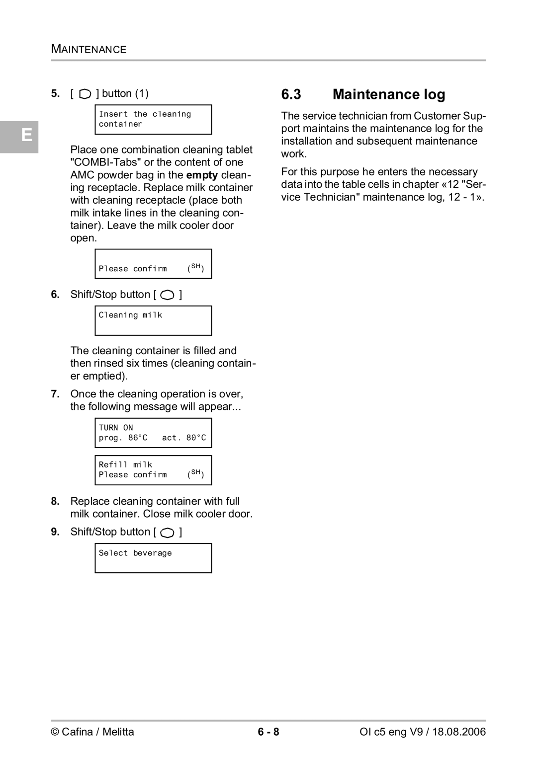 Melitta 2954076 manual Maintenance log 