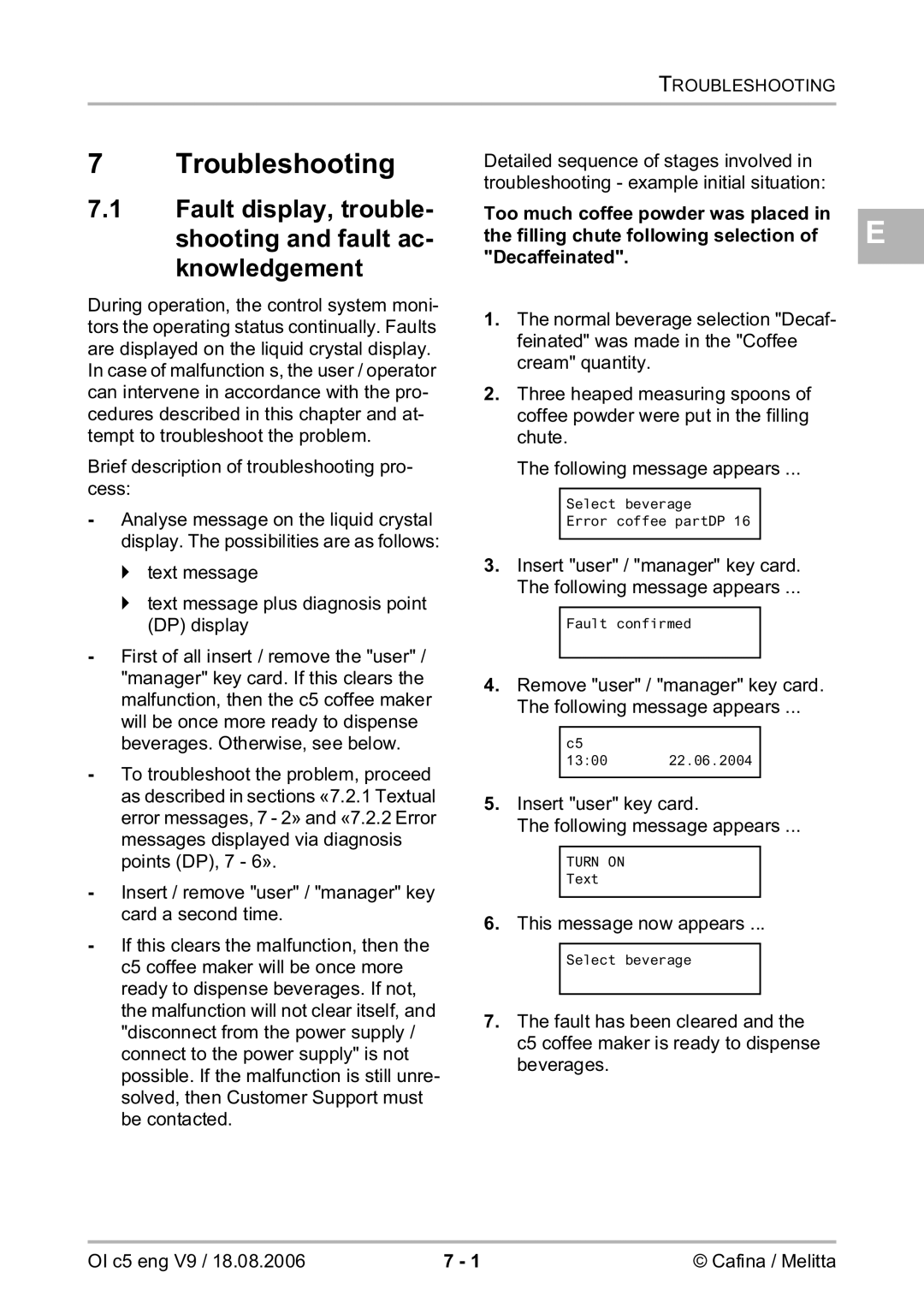 Melitta 2954076 manual Troubleshooting, Fault display, trouble- shooting and fault ac- knowledgement 