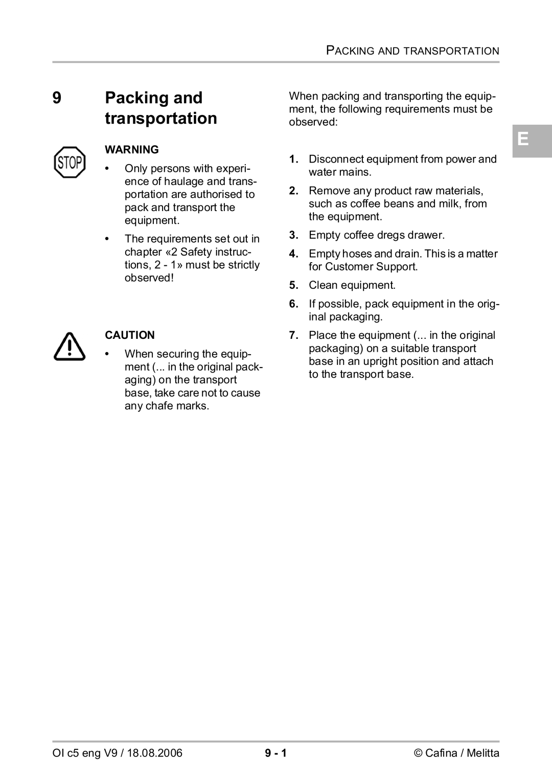 Melitta 2954076 manual Packing and transportation 