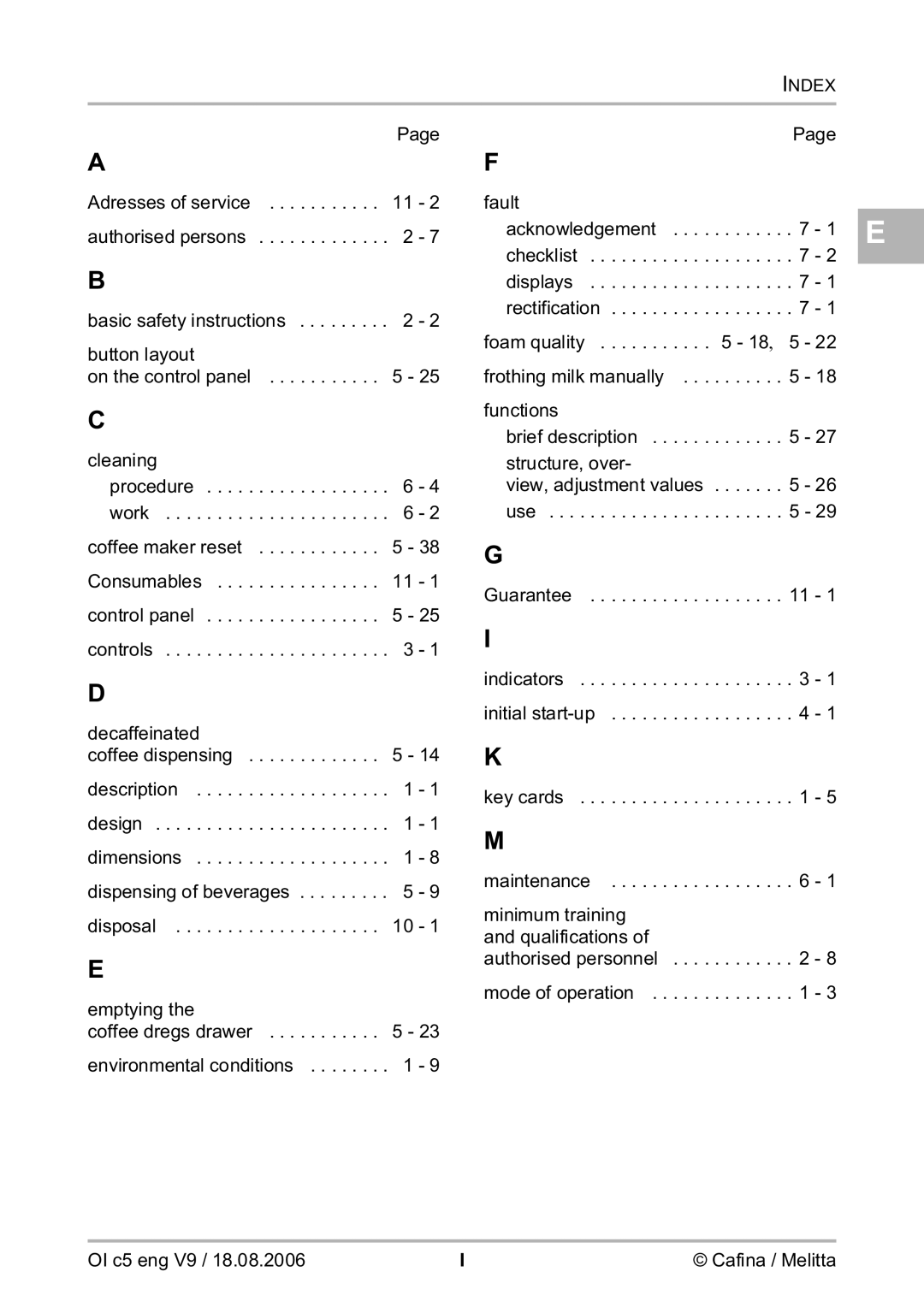 Melitta 2954076 manual Index 