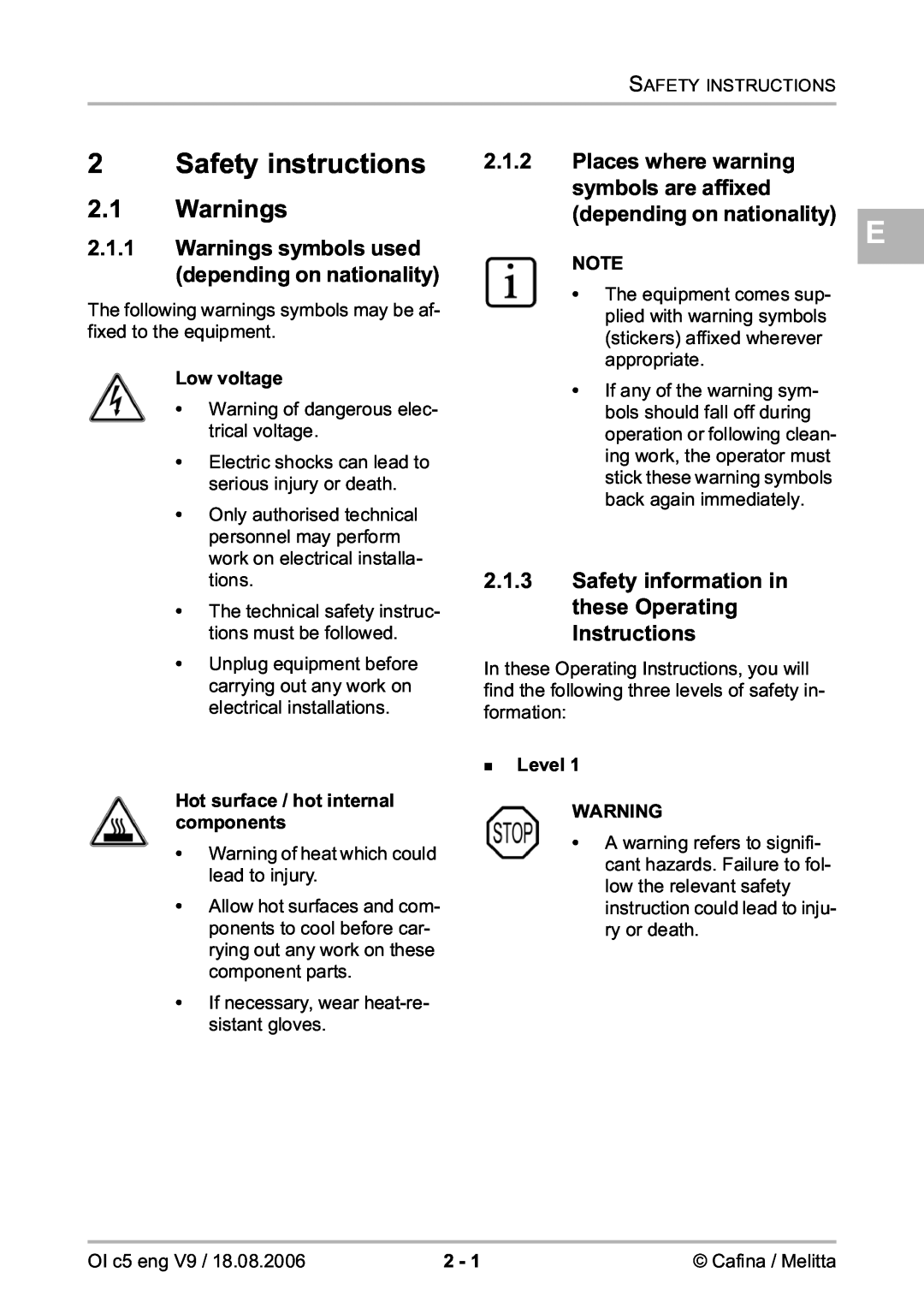 Melitta 2954076 Safety instructions, Warnings, Places where warning, Safety information in these Operating Instructions 