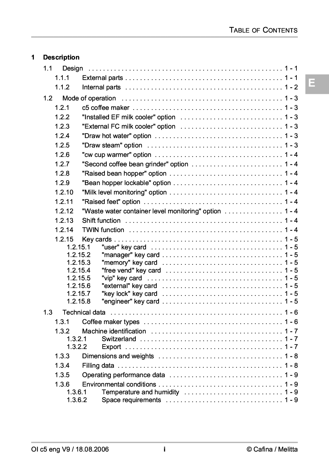 Melitta 2954076 manual Description, Table Of Contents 