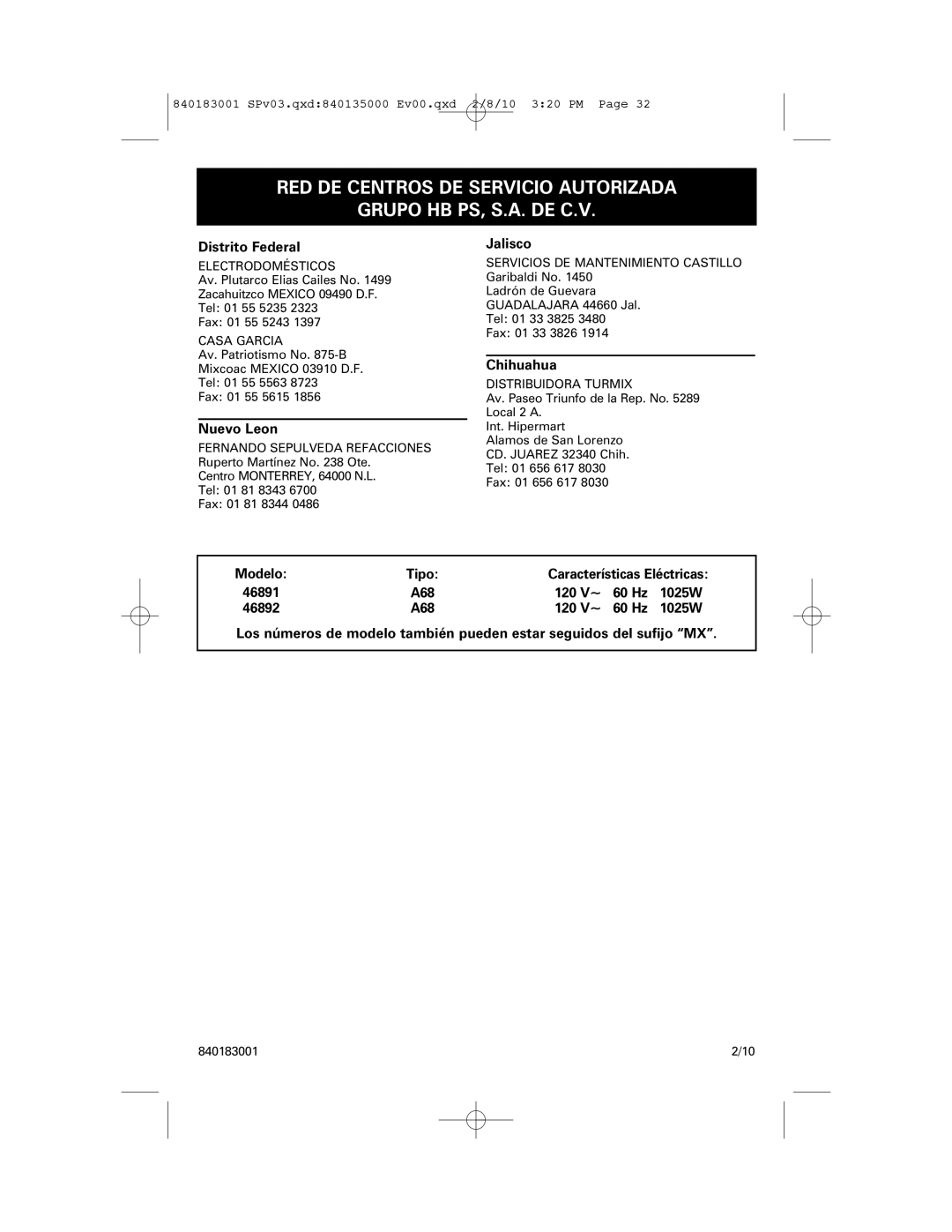 Melitta 840183001 manual Distrito Federal, Nuevo Leon, Jalisco, Chihuahua, Modelo Tipo, 120 V~, 1025W 