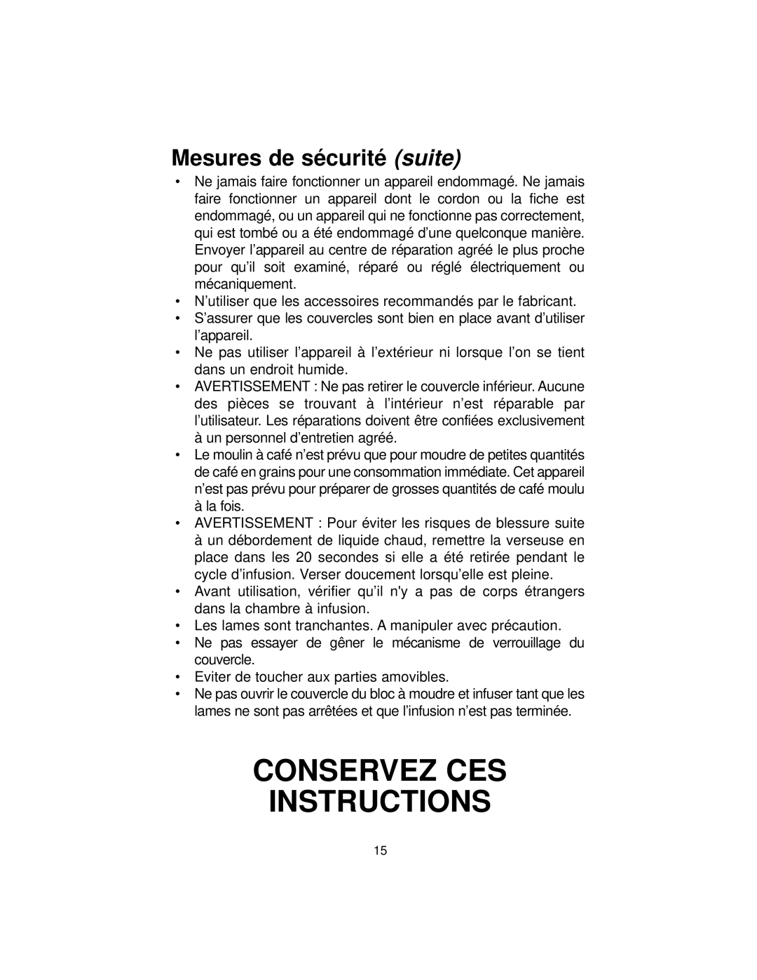 Melitta MB80 manual Conservez CES Instructions, Mesures de sécurité suite 