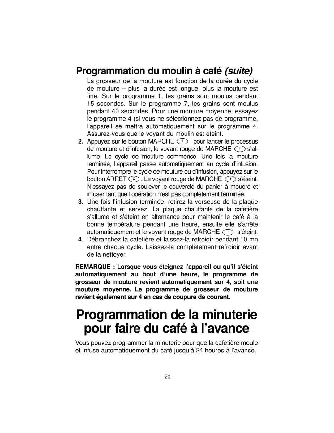 Melitta MB80 manual Programmation de la minuterie pour faire du café à l’avance, Programmation du moulin à café suite 