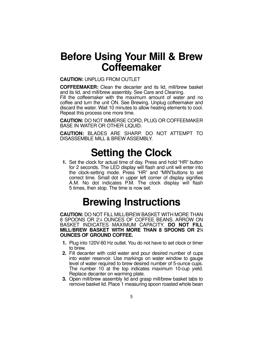 Melitta MB80 manual Before Using Your Mill & Brew Coffeemaker, Setting the Clock, Brewing Instructions 