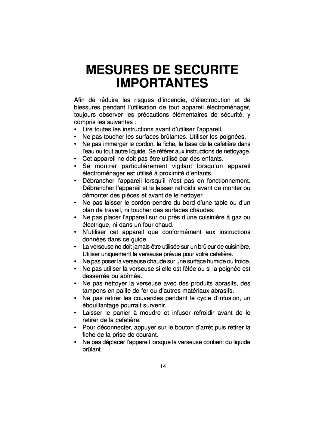 Melitta MB80 manual Mesures De Securite Importantes 