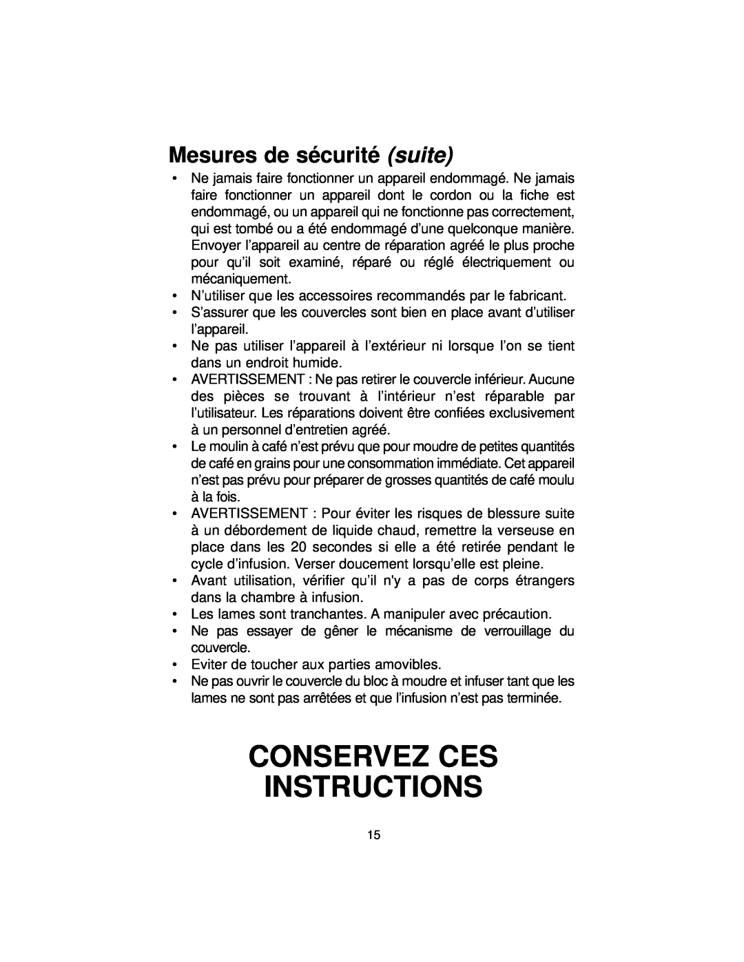 Melitta MB80 manual Conservez Ces Instructions, Mesures de sécurité suite 