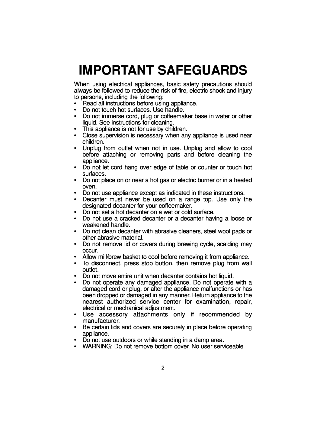 Melitta MB80 manual Important Safeguards 