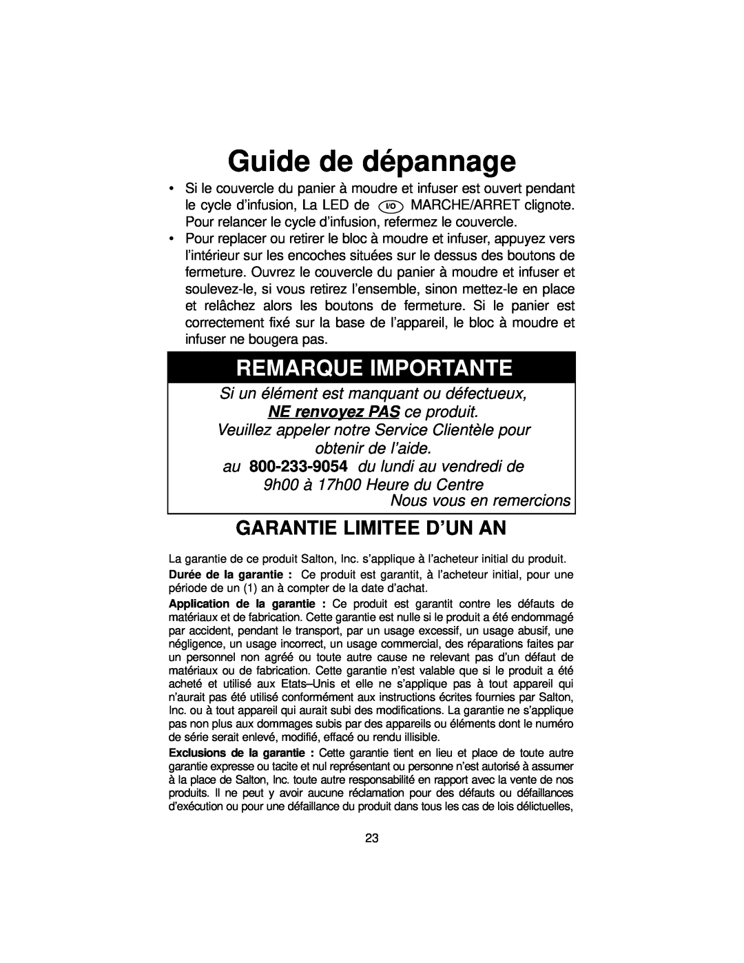 Melitta MB80 Guide de dépannage, Remarque Importante, Garantie Limitee D’Un An, Si un élément est manquant ou défectueux 