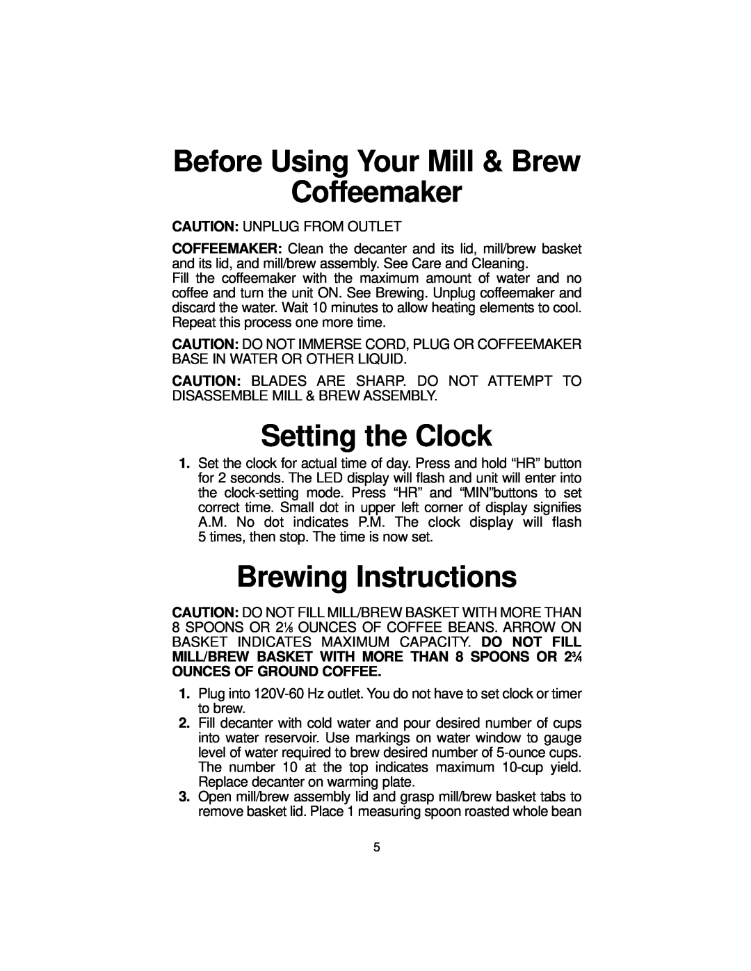 Melitta MB80 manual Before Using Your Mill & Brew Coffeemaker, Setting the Clock, Brewing Instructions 