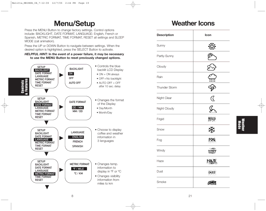 Melitta ME1MSB warranty Menu/Setup, Description Icon 