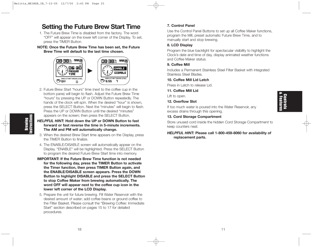 Melitta ME1MSB warranty Setting the Future Brew Start Time 