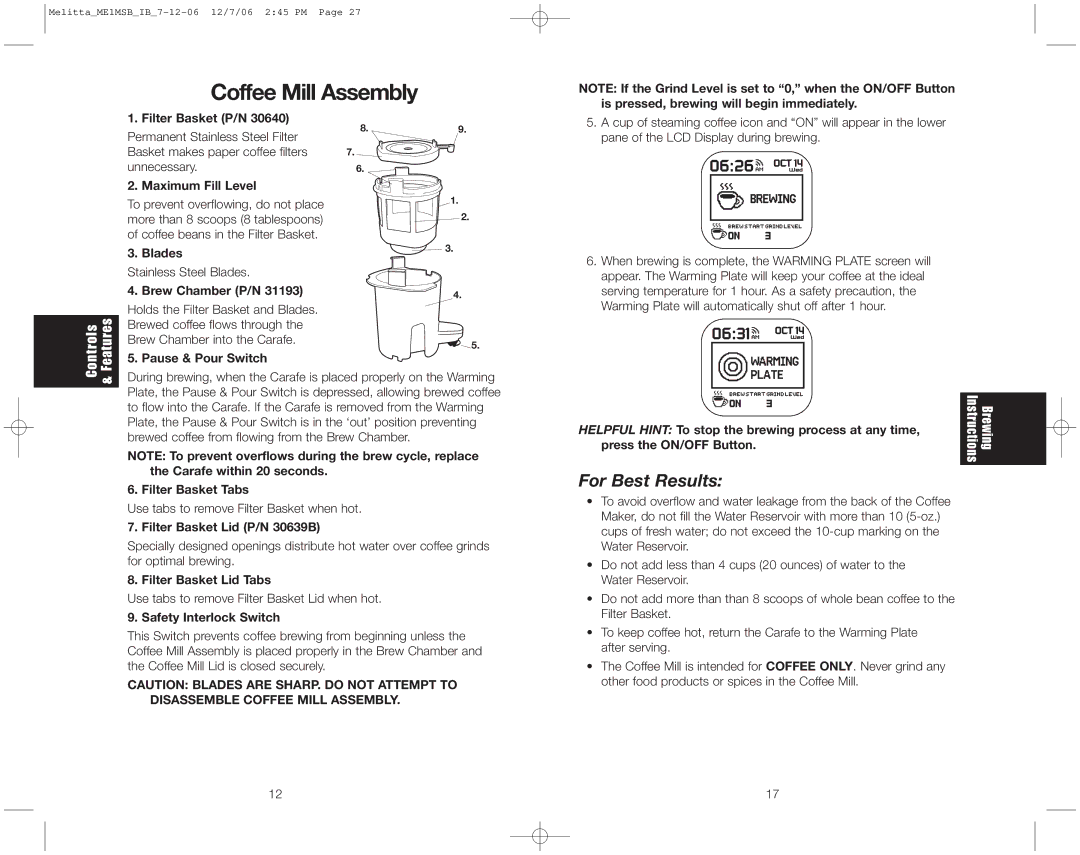 Melitta ME1MSB warranty Coffee Mill Assembly 