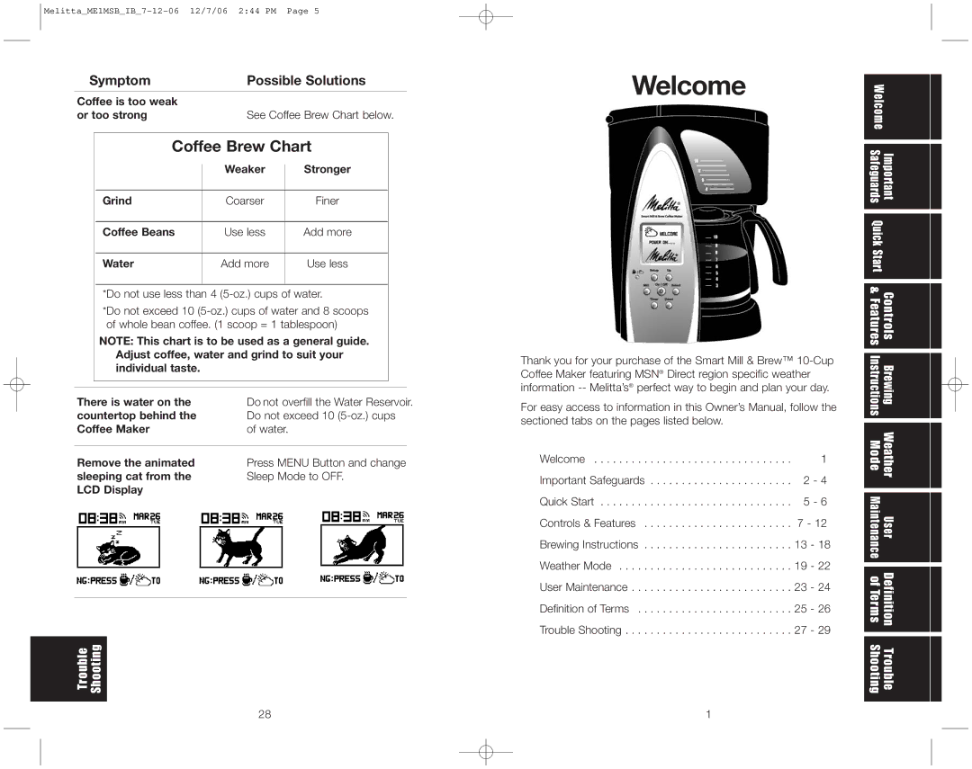 Melitta ME1MSB warranty Welcome, Coffee Brew Chart 