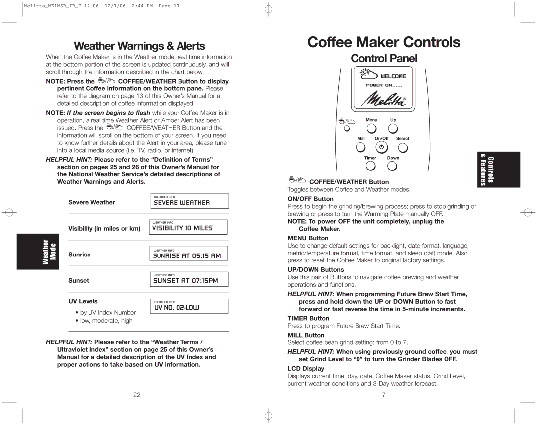 Melitta ME1MSB warranty Coffee Maker Controls, Weather Warnings & Alerts, Control Panel 