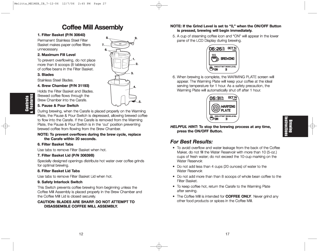 Melitta ME1MSB warranty Coffee Mill Assembly, For Best Results 